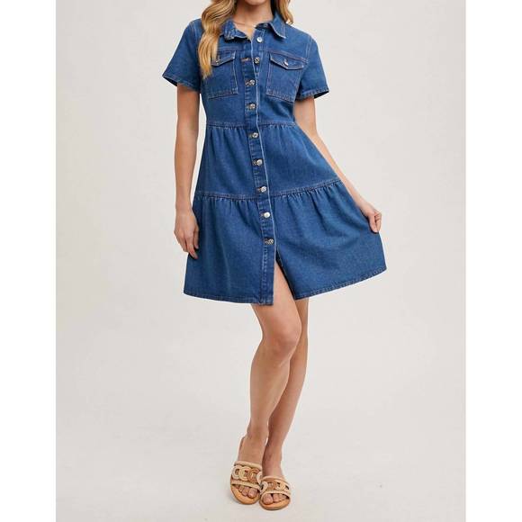 Denim Tiered Button Front Shirt Dress